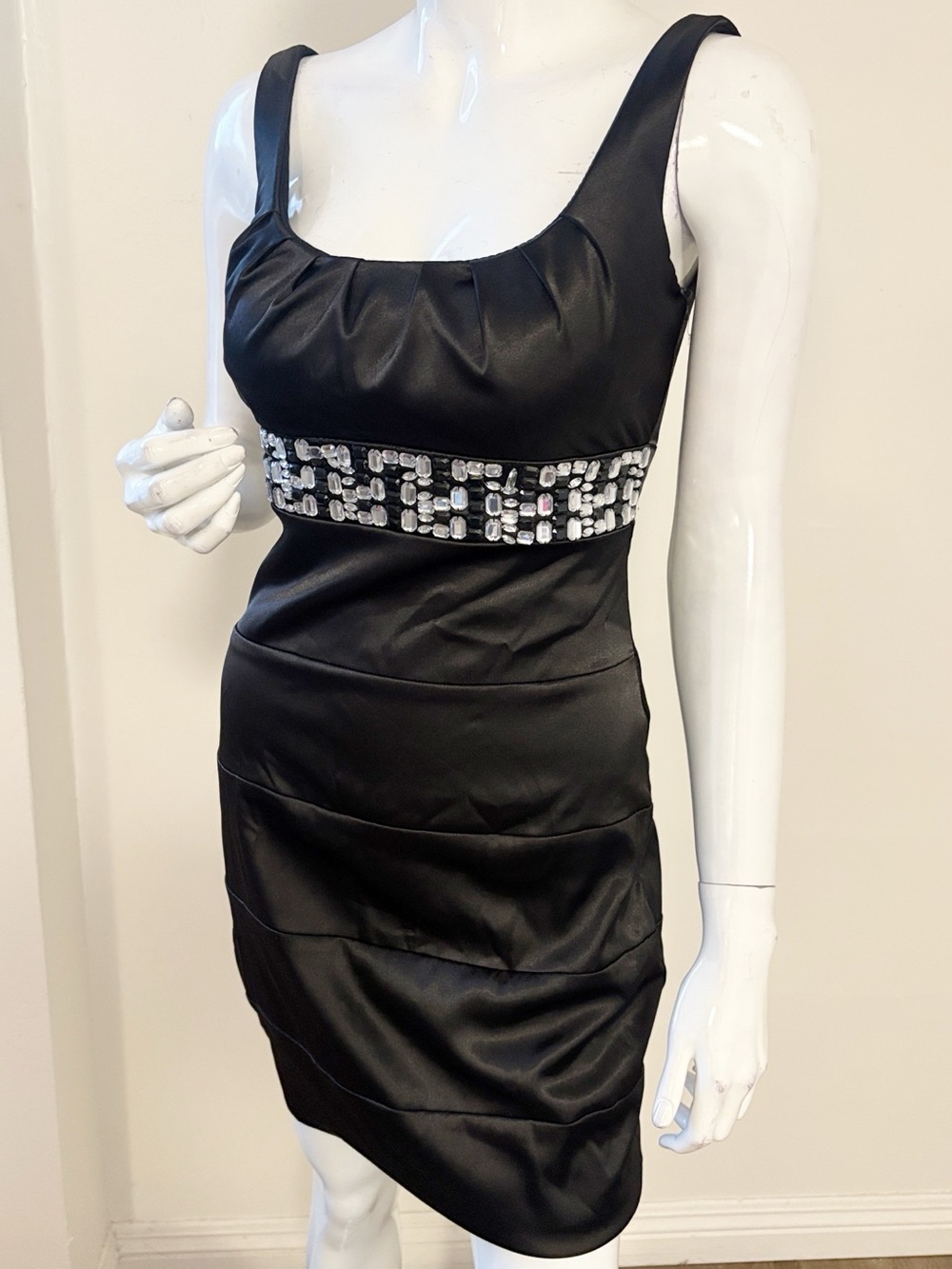 Vintage Bisou Bisou Black Satin Bodycon Mini Dress w Jewel Embellished Waistband